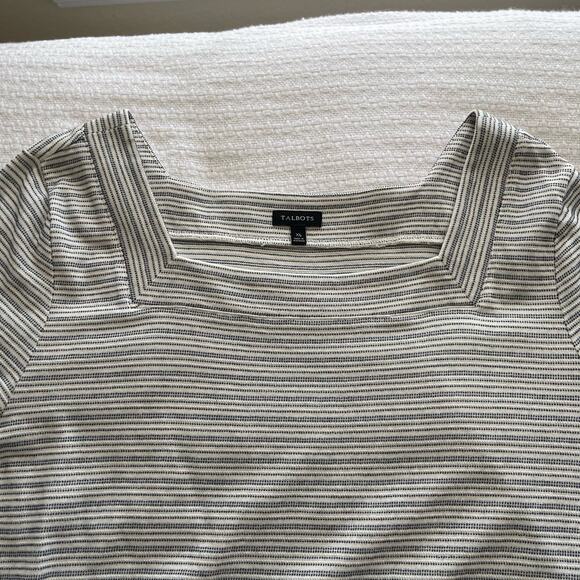 XL Talbots Cream and Blue Metallic Striped Square Neck Short-Sleeve T-Shirt - Picture 3 of 7